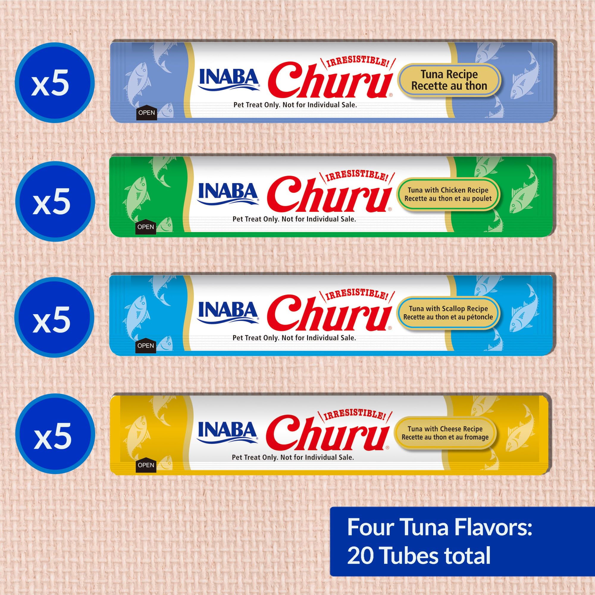 INABA Churu Cat Treats, Lickable, Squeezable Creamy Purée Cat Treat with Green Tea Extract & Taurine, 0.5 Ounces Each Tube, 20 Tubes, Tuna & Seafood Variety Box
