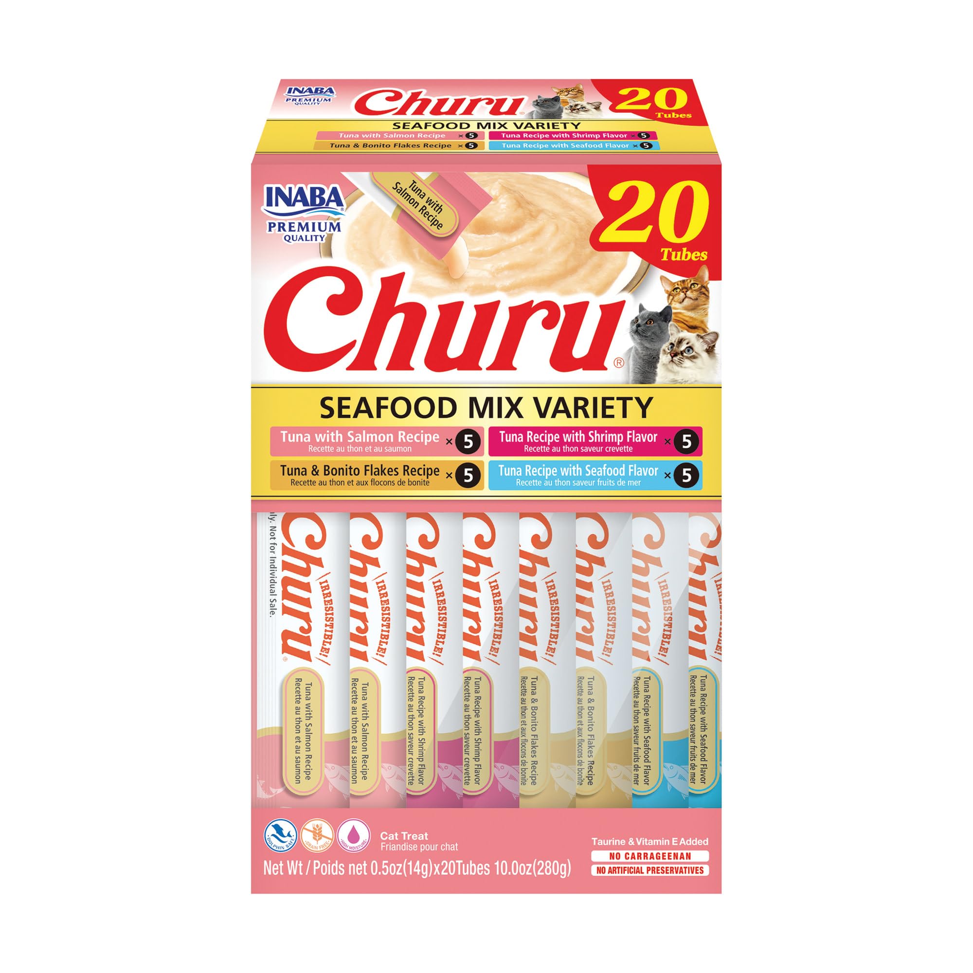 INABA Churu Cat Treats, Lickable, Squeezable Creamy Purée Cat Treat with Green Tea Extract & Taurine, 0.5 Ounces Each Tube, 20 Tubes, Tuna & Seafood Variety Box