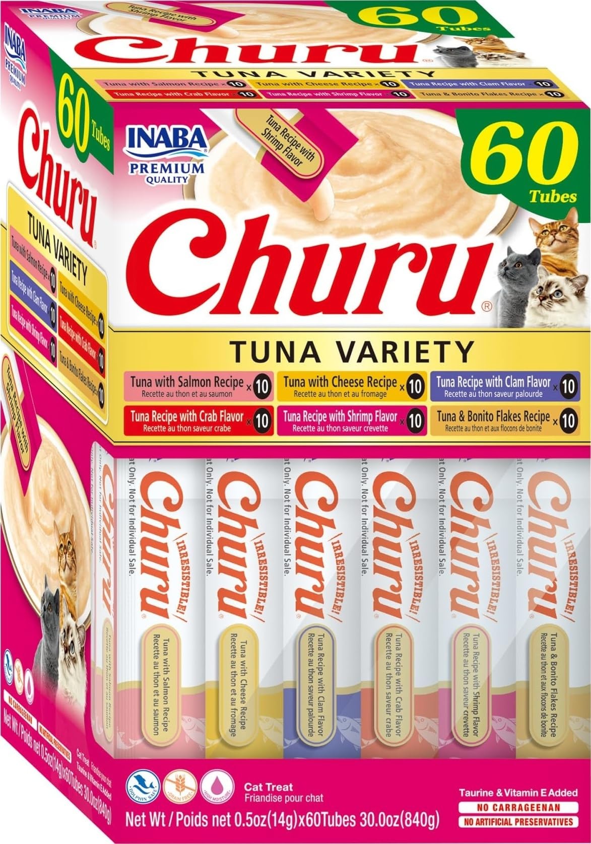 INABA Churu Cat Treats, Lickable, Squeezable Creamy Purée Cat Treat with Green Tea Extract & Taurine, 0.5 Ounces Each Tube, 20 Tubes, Tuna & Seafood Variety Box