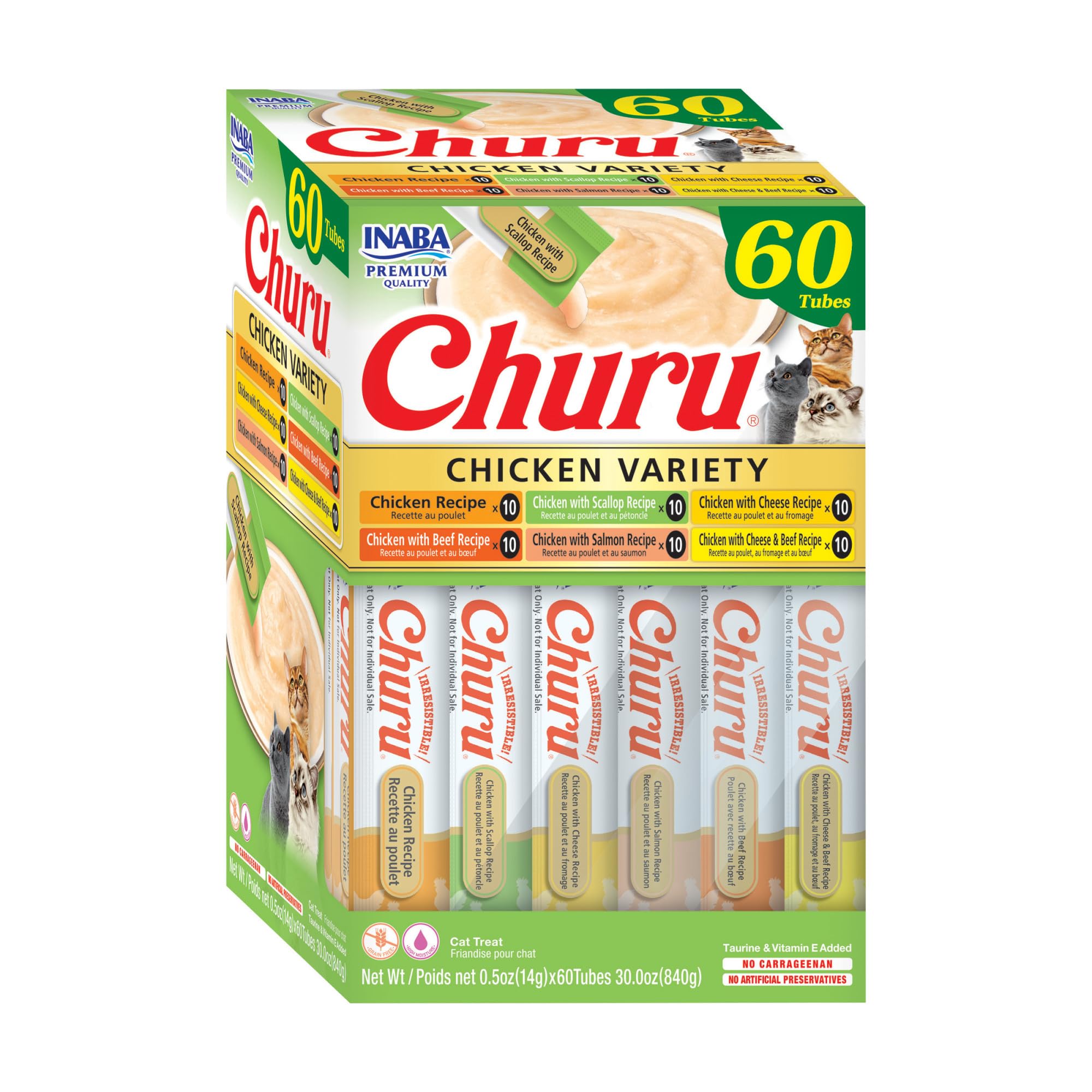 INABA Churu Cat Treats, Lickable, Squeezable Creamy Purée Cat Treat with Green Tea Extract & Taurine, 0.5 Ounces Each Tube, 20 Tubes, Tuna & Seafood Variety Box