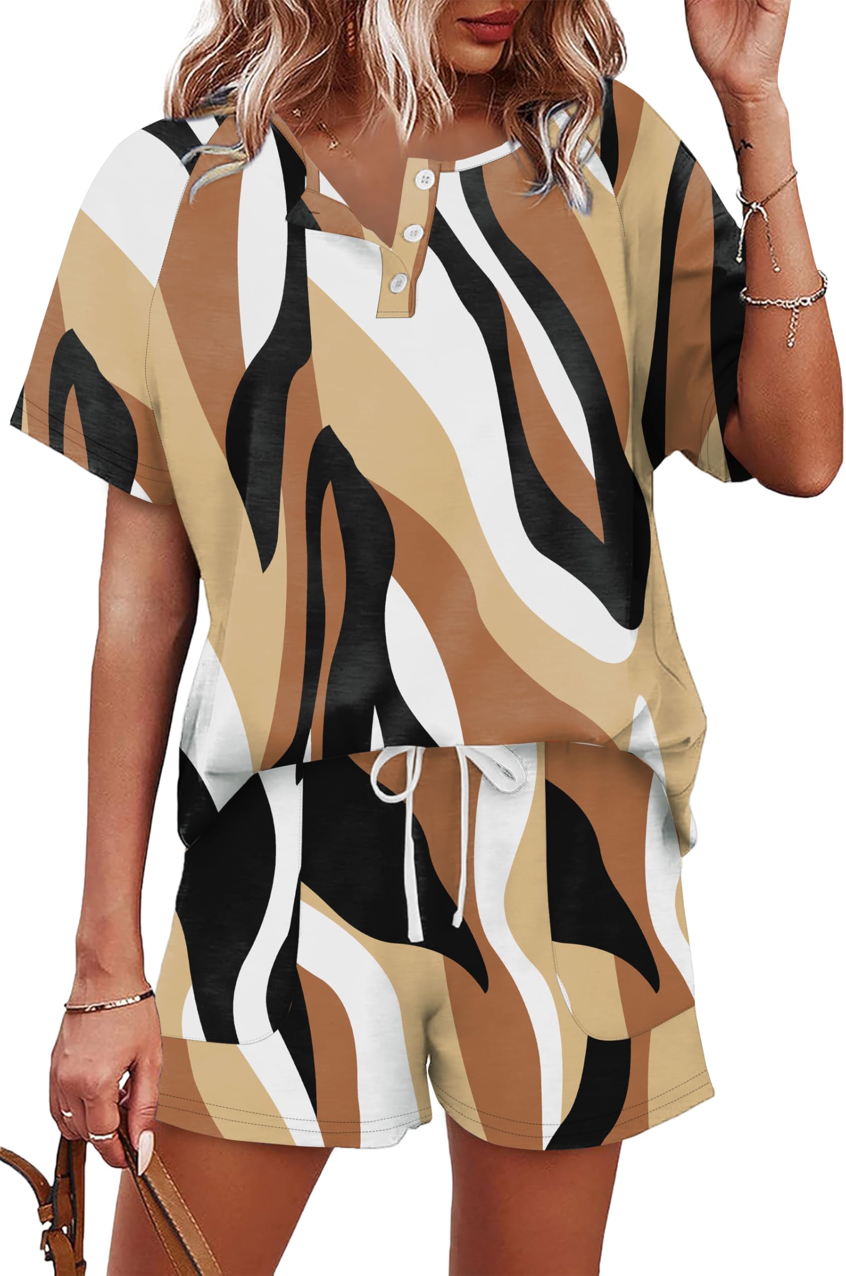 WIHOLL Two Piece Outfits for Women Lounge Sets Button Down Top and Shorts Set Sweatsuits with Pockets