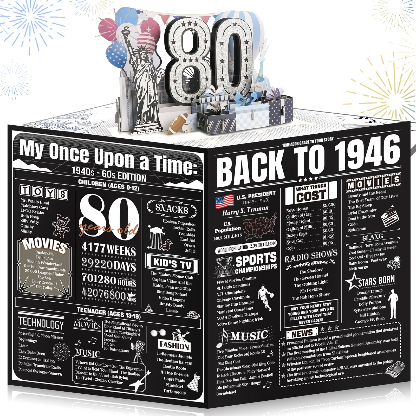 80th Birthday Card for Women Her, Large 3D Pop Up 80th Birthday cards forMom Grandma, Happy 80 Year Old Birthday Decorations for Wife Sister Funny Birthday Gifts, Back to 1946, Pink
