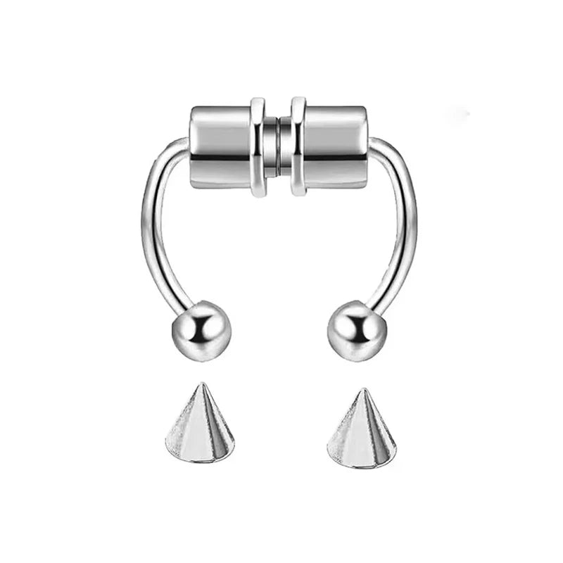 Punk Hip Hop Non-Pierced Magnetic Nose Ring For Ladies, Stainless Steel Clip On Fake Septum Jewelry Halloween Party Accessory