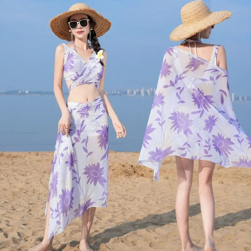 New Fashion Triangle Bikini 3PCS Swimwear Female Chiffon Skirt Bathing Suits for Holiday Beach Party