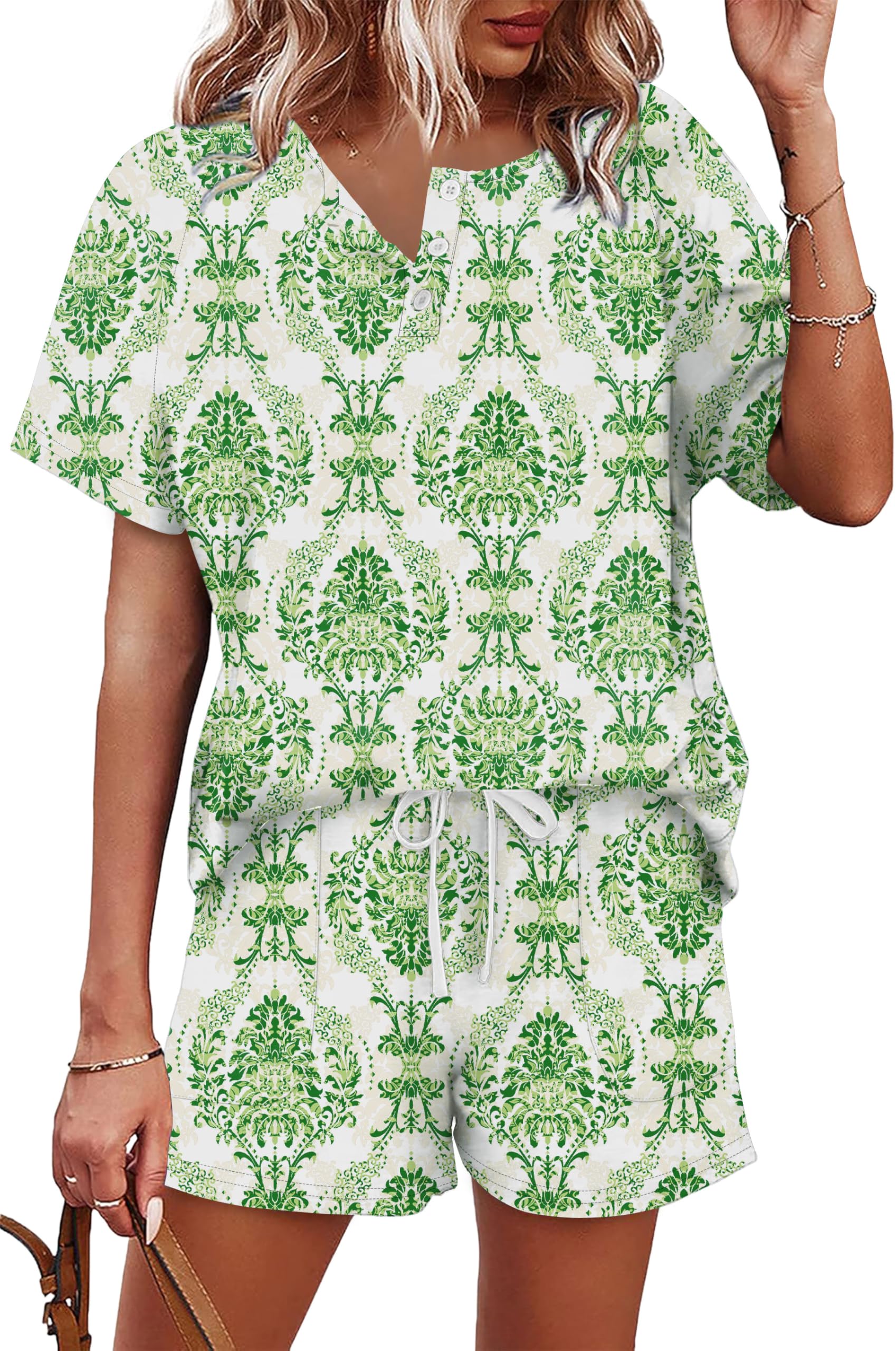 WIHOLL Two Piece Outfits for Women Lounge Sets Button Down Top and Shorts Set Sweatsuits with Pockets