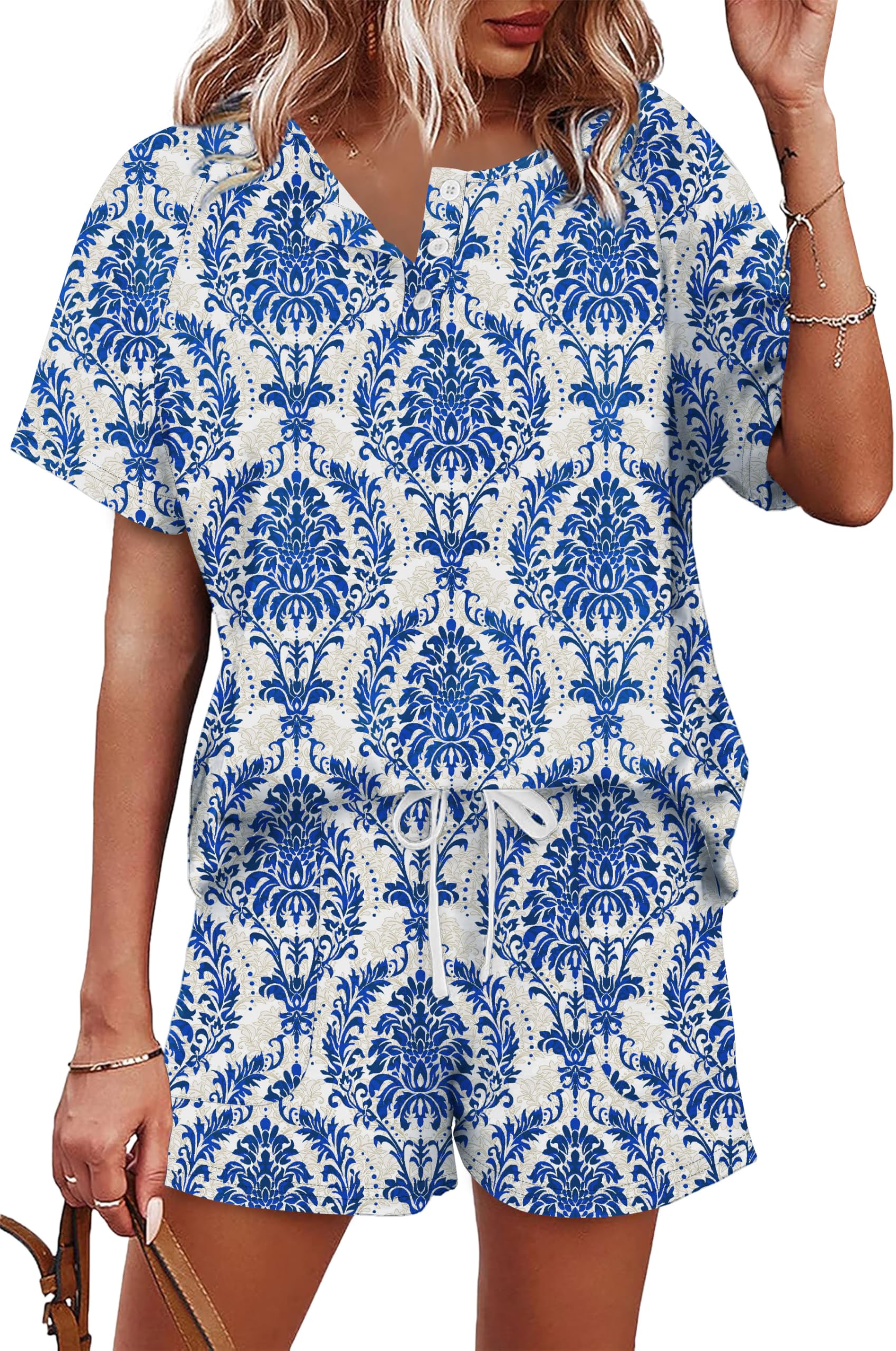 WIHOLL Two Piece Outfits for Women Lounge Sets Button Down Top and Shorts Set Sweatsuits with Pockets
