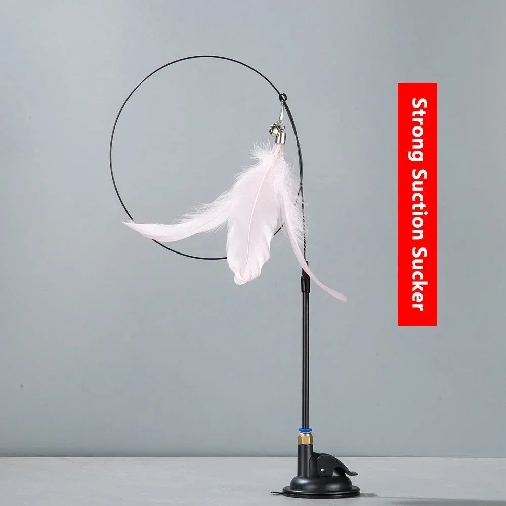 Cat Teaser Toy Cat Teaser Pole With Feather Bell Extended Rod Suction Cup Durable Bite Teaser Stick Replaceable Feather Head