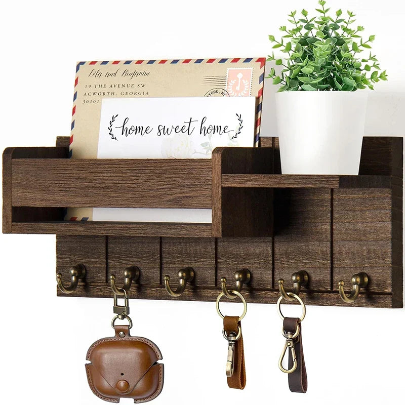 Traditional Wooden Wall-Mounted Storage Shelf with Hooks