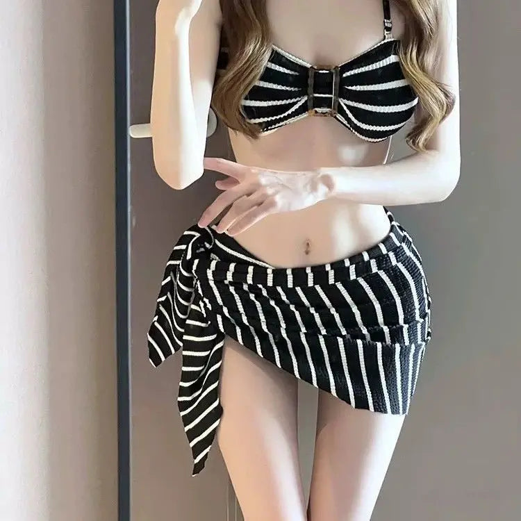 2026 New Women's Black Striped Halter Bikini Set Push Up for Small Chests Split Resort Swimwear for Hot Springs Beach Vacation