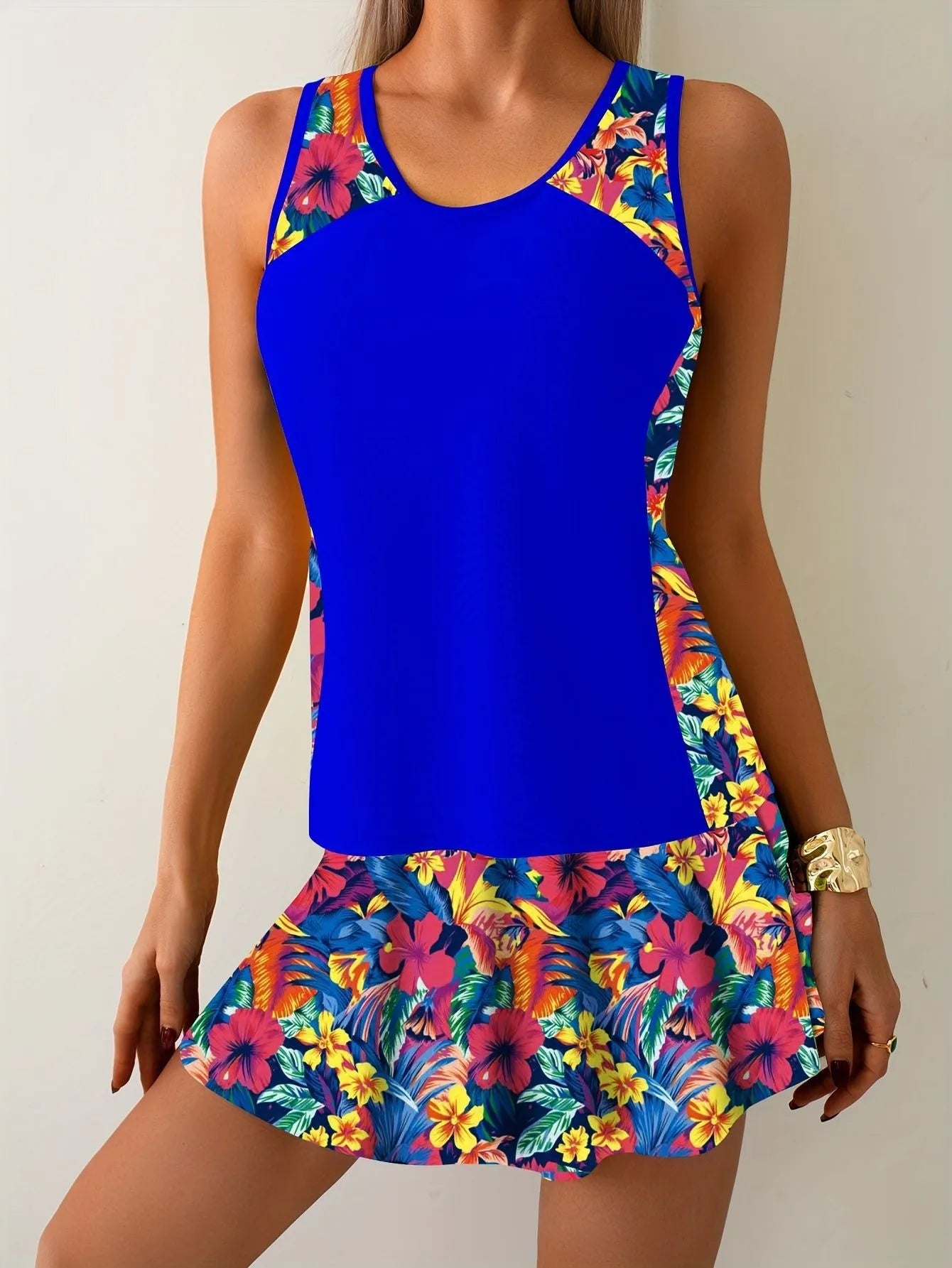 Woman Tankini Floral Print Yellow Tankini Top Sleeveless Ruched Side Tankini Set Mini Skirt Sunflower Pattern Two Piece Swimsuit