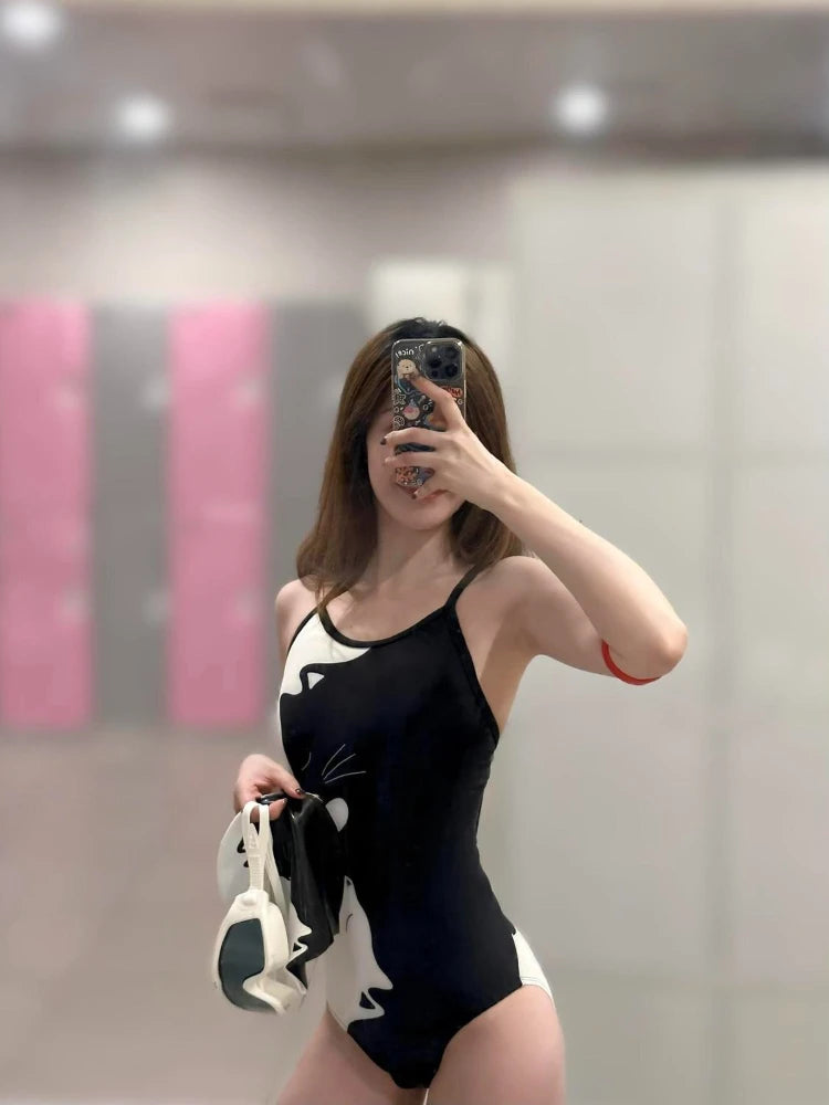 Black White Kitten Print Women's One Piece Swimsuit Racerback Racing Swimwear Thin Strap Professional Training Bathing Suit