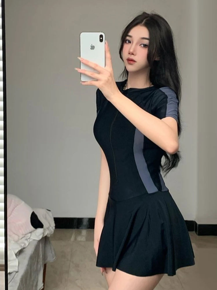 2026 New Women's Modest One Piece Swimsuit Skirted Tummy Control Swimwear Boyleg Sport Bathing Suit for Teen Girls SPA Beachwear