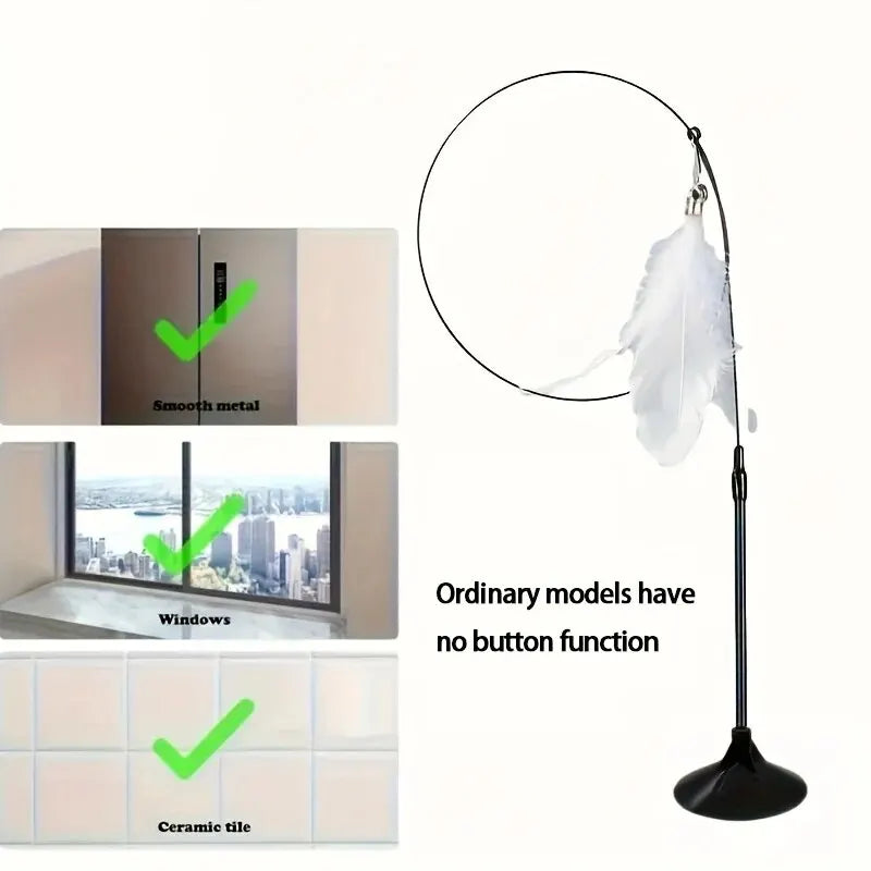 Cat Teaser Toy Cat Teaser Pole With Feather Bell Extended Rod Suction Cup Durable Bite Teaser Stick Replaceable Feather Head