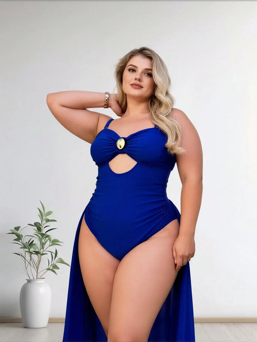 2026 New Plus Size Royal Blue One-Piece Swimsuit Women's Cutout Ruched Tummy Control Bathing Suit With Gold Accent For Beach Vacation, Push-Up & Slim Fit