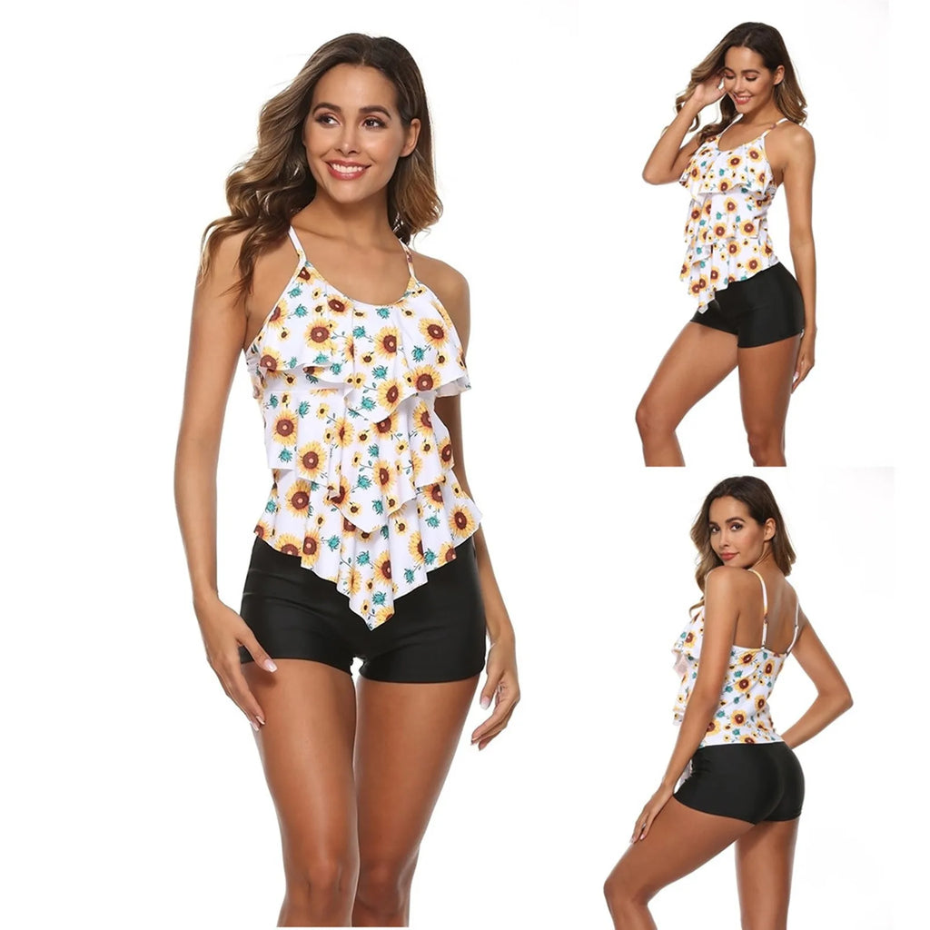 Woman Bikini Floral Print Tankini With Shorts High Waist Shorts Spaghetti Straps Swimwear Ruffle Trim Top Two Piece Swimsuit