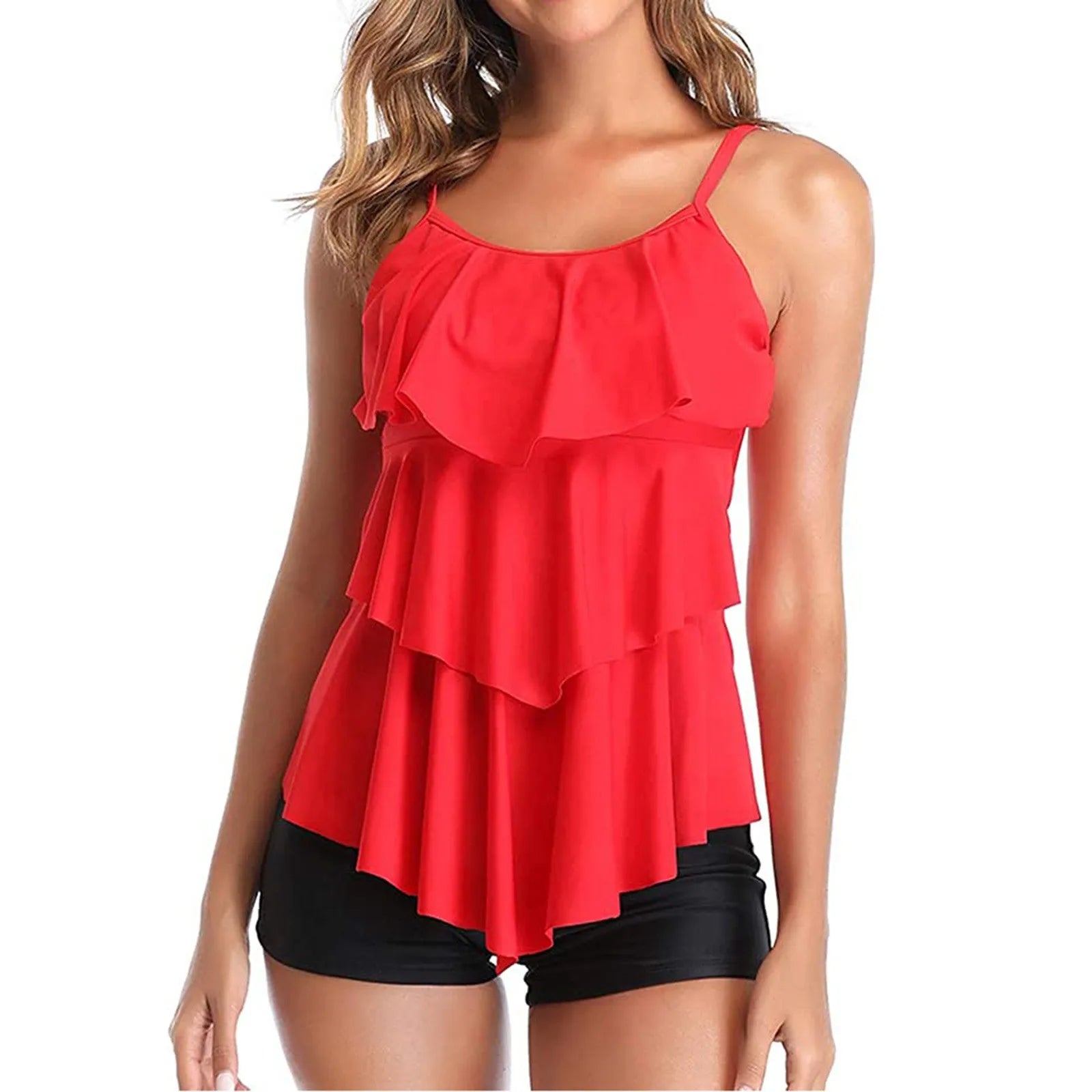 Woman Bikini Floral Print Tankini With Shorts High Waist Shorts Spaghetti Straps Swimwear Ruffle Trim Top Two Piece Swimsuit
