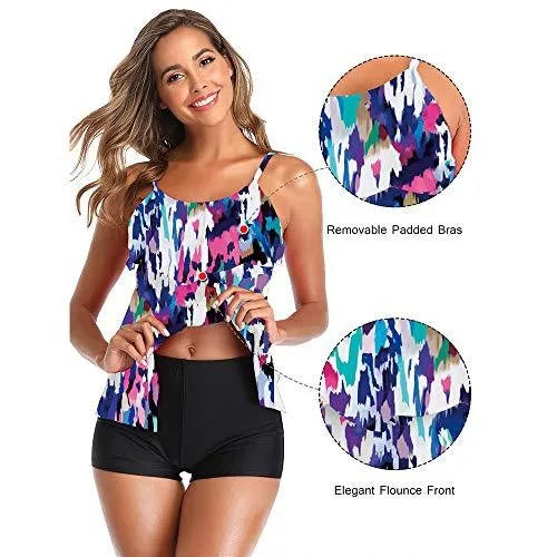 Woman Bikini Floral Print Tankini With Shorts High Waist Shorts Spaghetti Straps Swimwear Ruffle Trim Top Two Piece Swimsuit