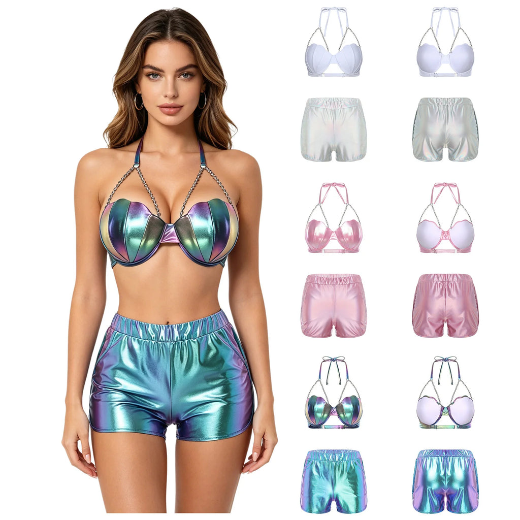 Women Metallic Shiny Swimwear Tankini Set Halter Shell Shaped Bikini Bra Top And Booty Shorts for Nightclub Fitness Beach Cruise