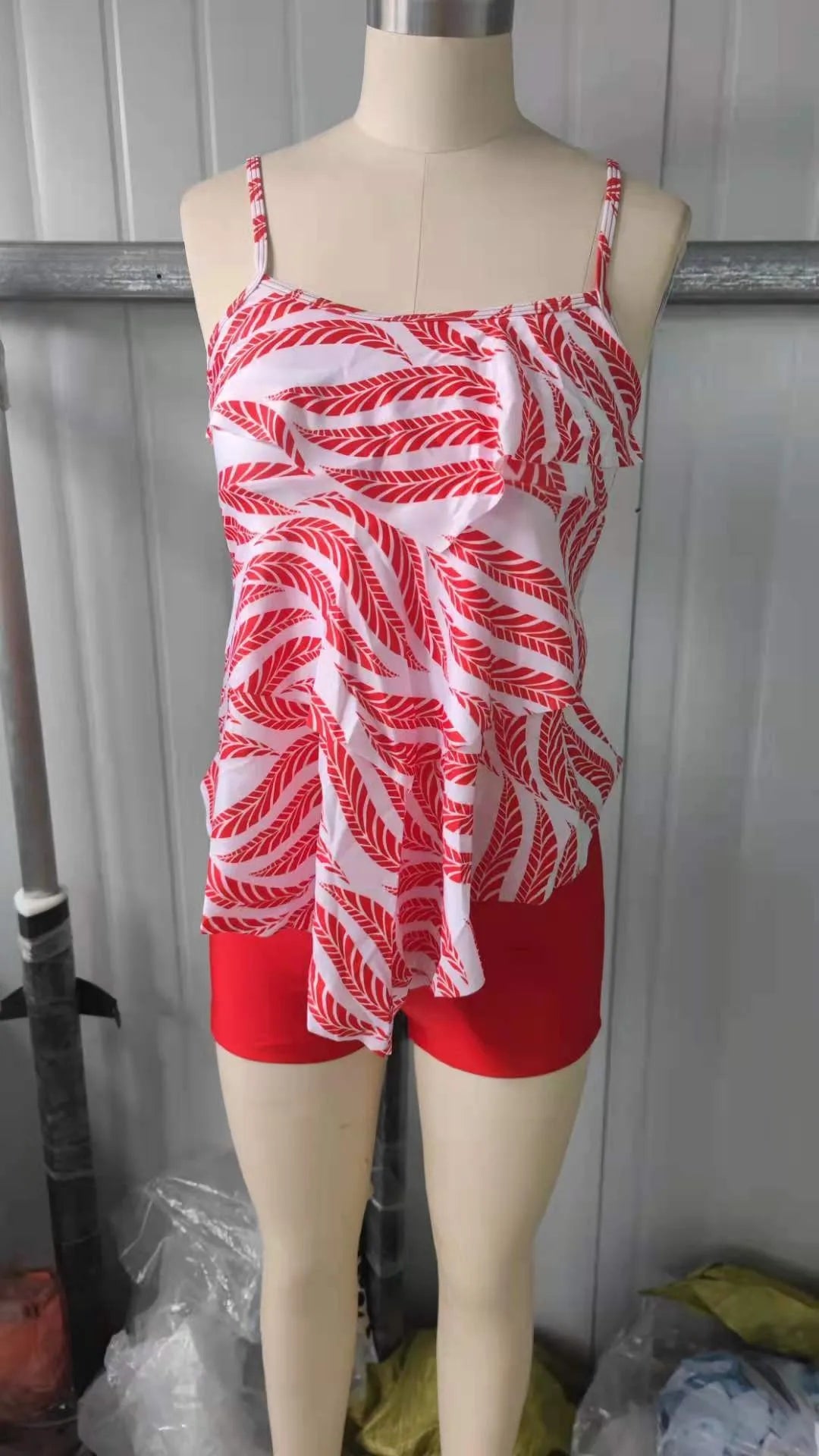 Woman Bikini Floral Print Tankini With Shorts High Waist Shorts Spaghetti Straps Swimwear Ruffle Trim Top Two Piece Swimsuit