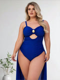 2026 New Plus Size Royal Blue One-Piece Swimsuit Women's Cutout Ruched Tummy Control Bathing Suit With Gold Accent For Beach Vacation, Push-Up & Slim Fit