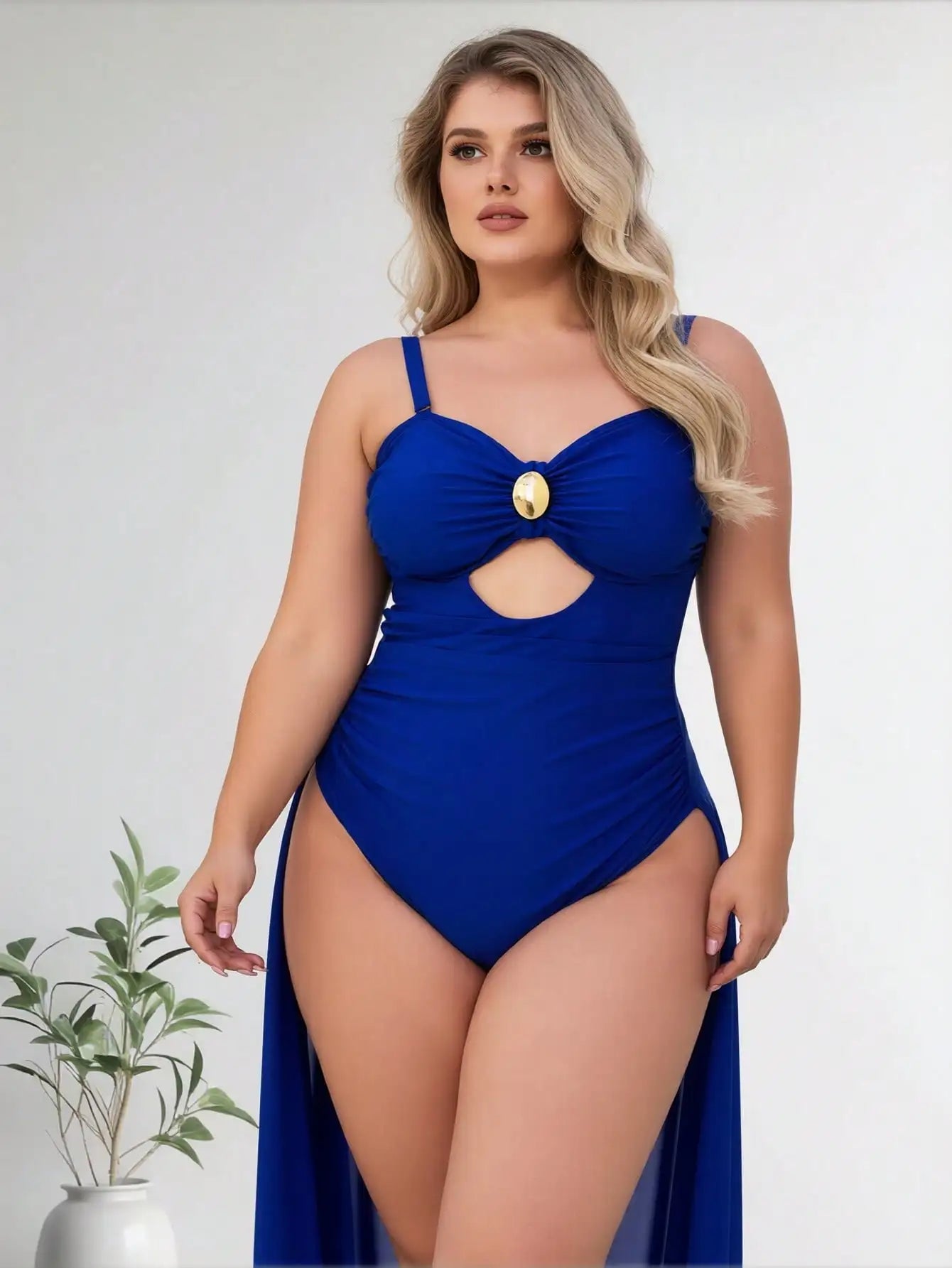 2026 New Plus Size Royal Blue One-Piece Swimsuit Women's Cutout Ruched Tummy Control Bathing Suit With Gold Accent For Beach Vacation, Push-Up & Slim Fit