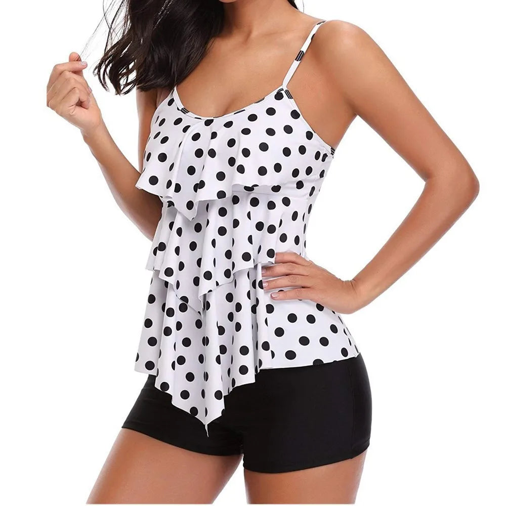 Woman Bikini Floral Print Tankini With Shorts High Waist Shorts Spaghetti Straps Swimwear Ruffle Trim Top Two Piece Swimsuit