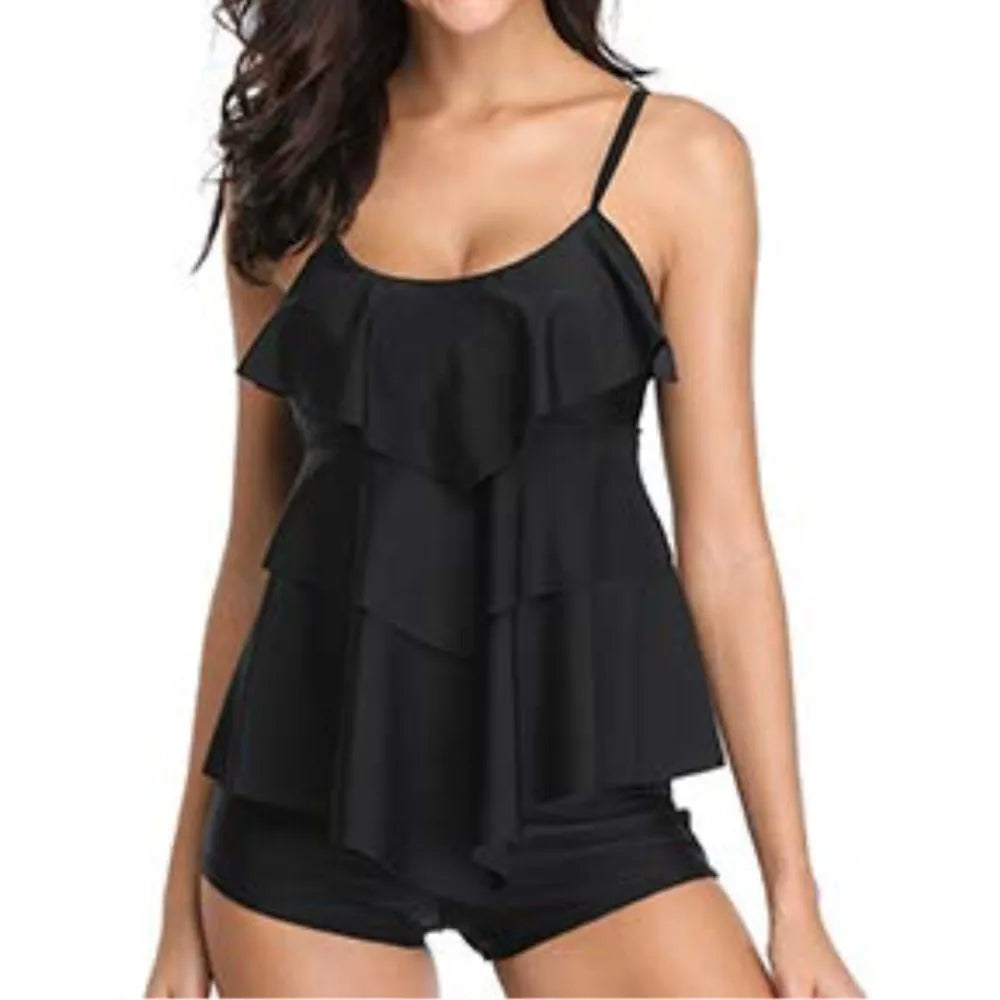 Woman Bikini Floral Print Tankini With Shorts High Waist Shorts Spaghetti Straps Swimwear Ruffle Trim Top Two Piece Swimsuit