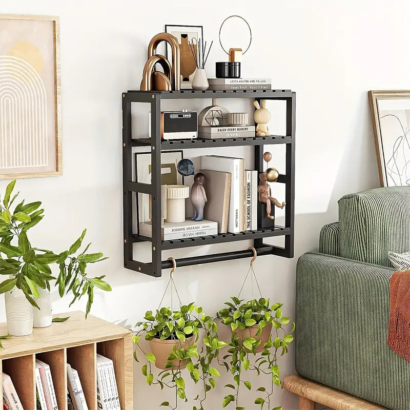 Wall Mounted Storage Rack with Rod - Black